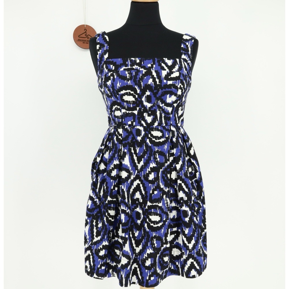 Shoshanna Blue Black White Abstract Ikat Fit & Flare Dress Twee Artsy Size 0 NWT